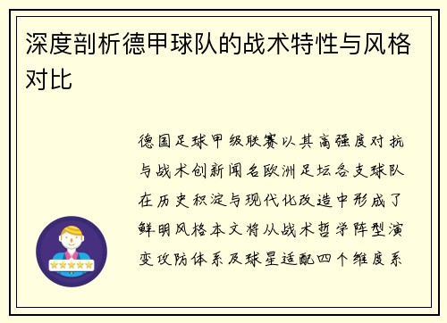 深度剖析德甲球队的战术特性与风格对比